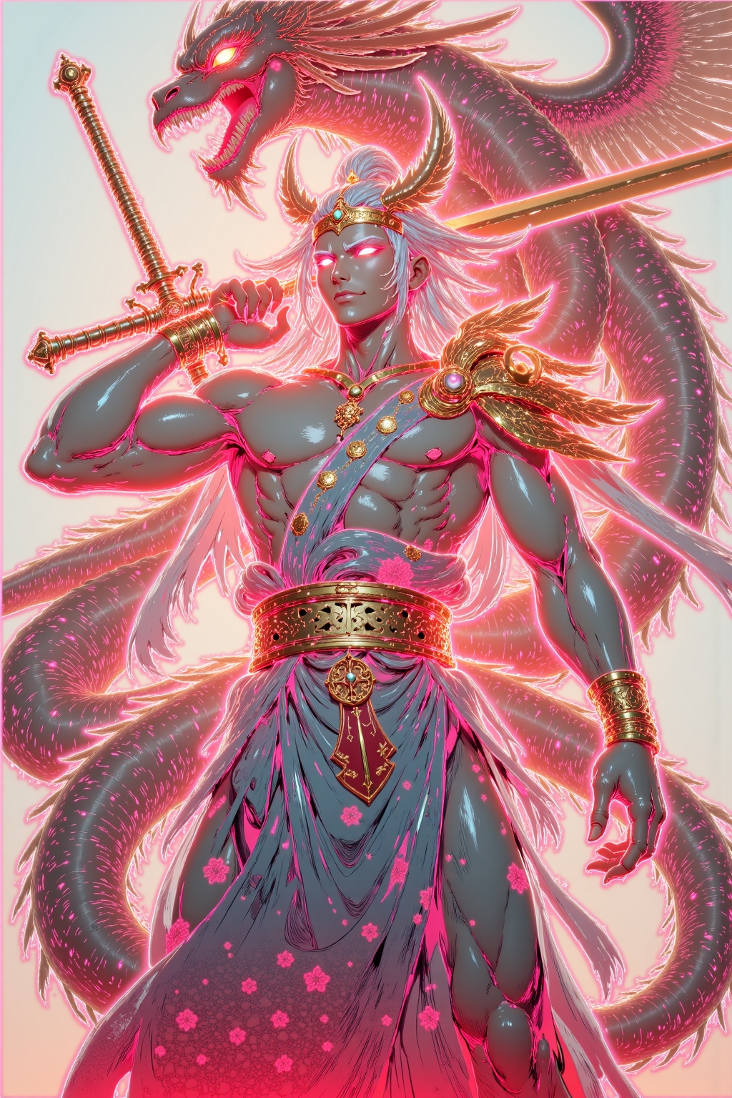 a drawing of a man with a sword and a demon,beautiful male god of death,mohrbacher,inspired by Shunkōsai Hokushū,in the art style of mohrbacher,asura from chinese myth,the god of chaos,inspired by Ryūkōsai Jokei,in style of peter mohrbacher,illustration,