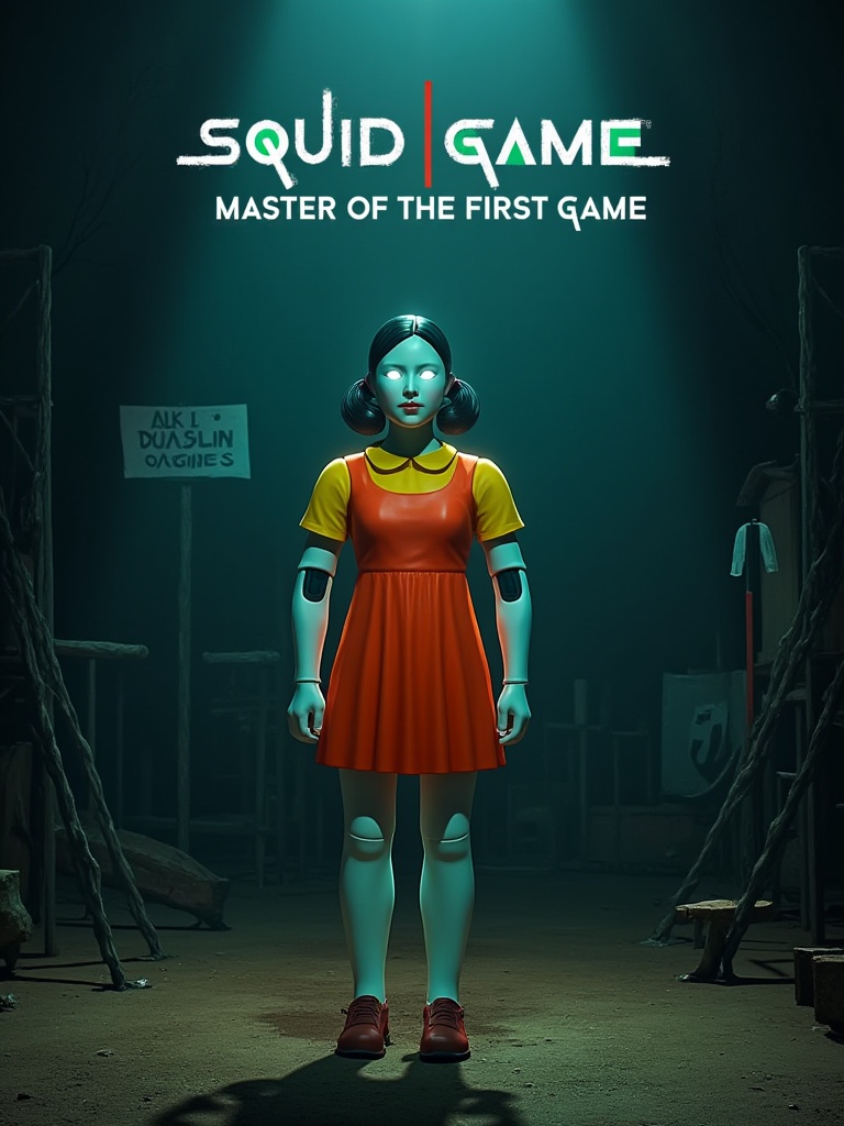Squid Game,  Title text: "Squid Game: The Immovable Doll" | Text: "Master of the First Game" | Visuals: The giant robotic...
