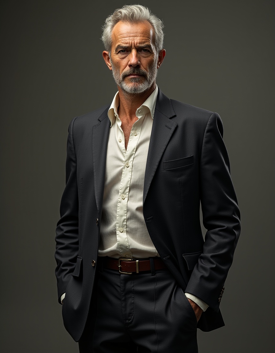 (masterpiece realistic:1.2),best quality,masterpiece,original,extremely detailed <lora:FLUX_CNfruta:0.8>1boy,old male, facial hair, muscular male, mustache,  old man, suit,pants