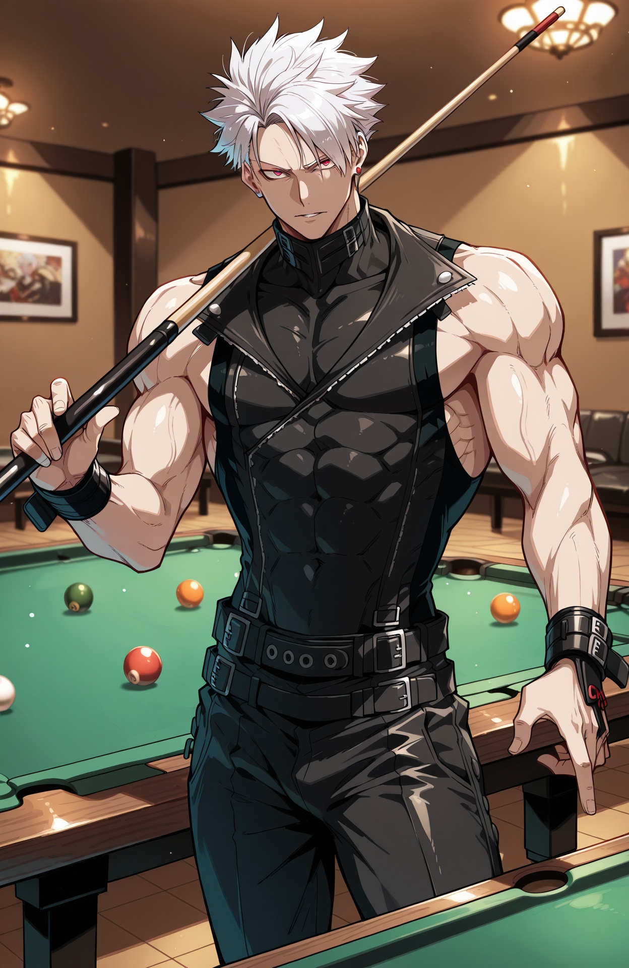 billiards,  pool table,  holding cue stick on Tensor.Art
