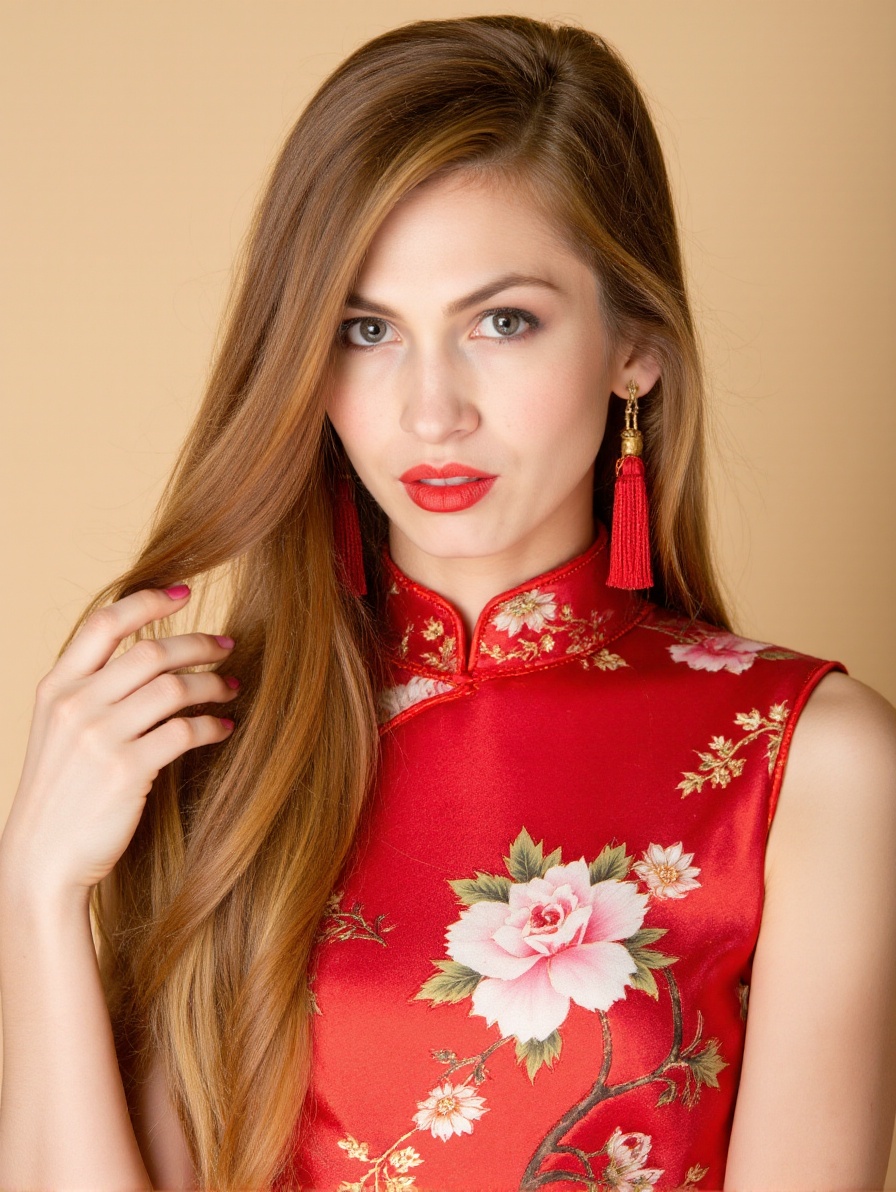 The image is a high-resolution photograph of a young woman with long,  wavy blonde hair cascading over her right shoulder....
