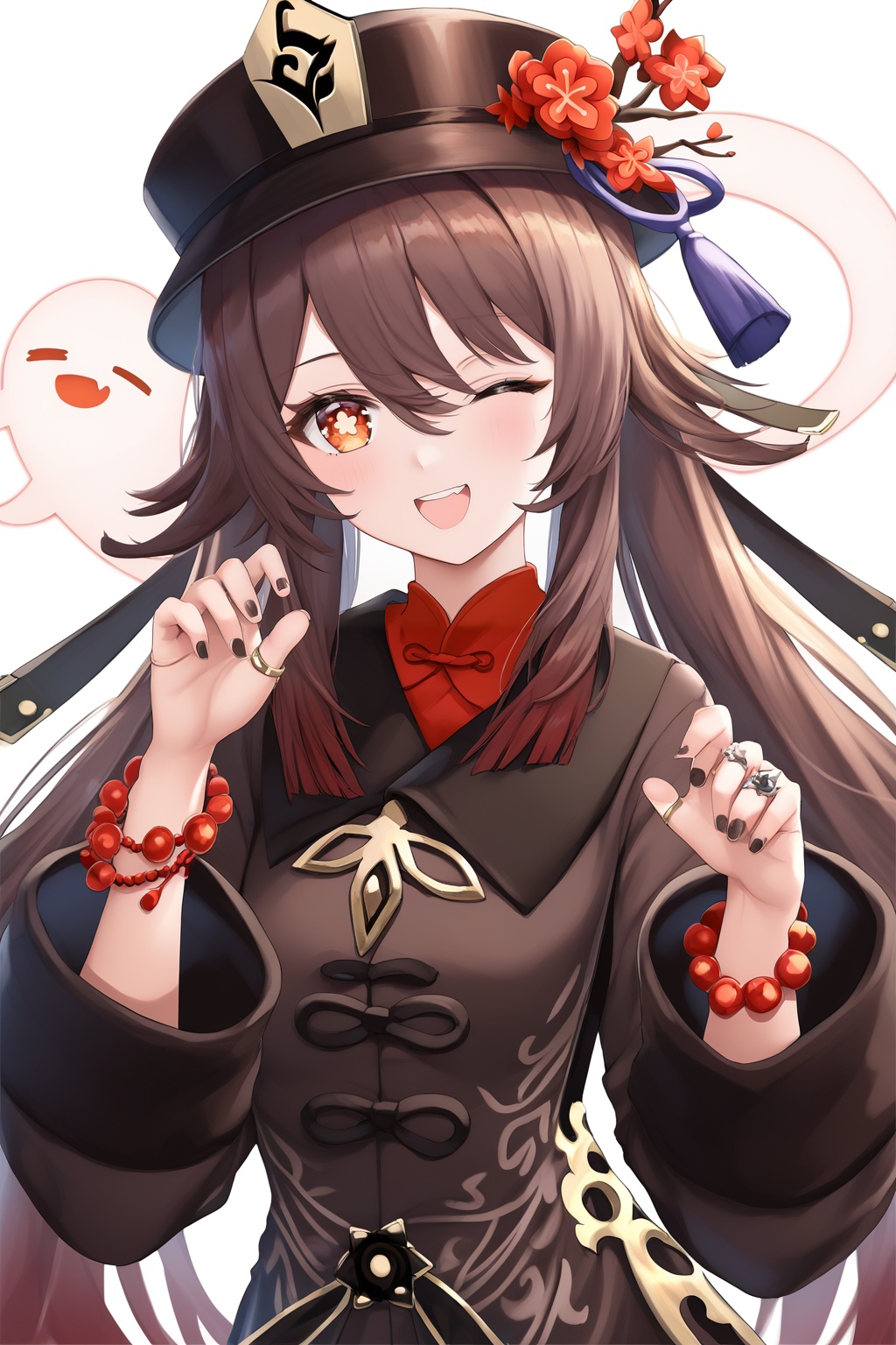 score_9,score_8_up,score_7_up,score_6_up,source_anime,source_cartoon,<lora:hutaoTUPONYXL-000001:1>,hu tao \(genshin impact\),1girl,boo tao \(genshin impact\),one eye closed,black porkpie hat,ghost,smile,flower-shaped pupils,bead bracelet,looking at viewer,jewelry,simple background,brown hair,flower,white background,long hair,open mouth,hat flower,red eyes,solo,twintails,long sleeves,multiple rings,black chinese clothes,;d,teeth,wide sleeves,