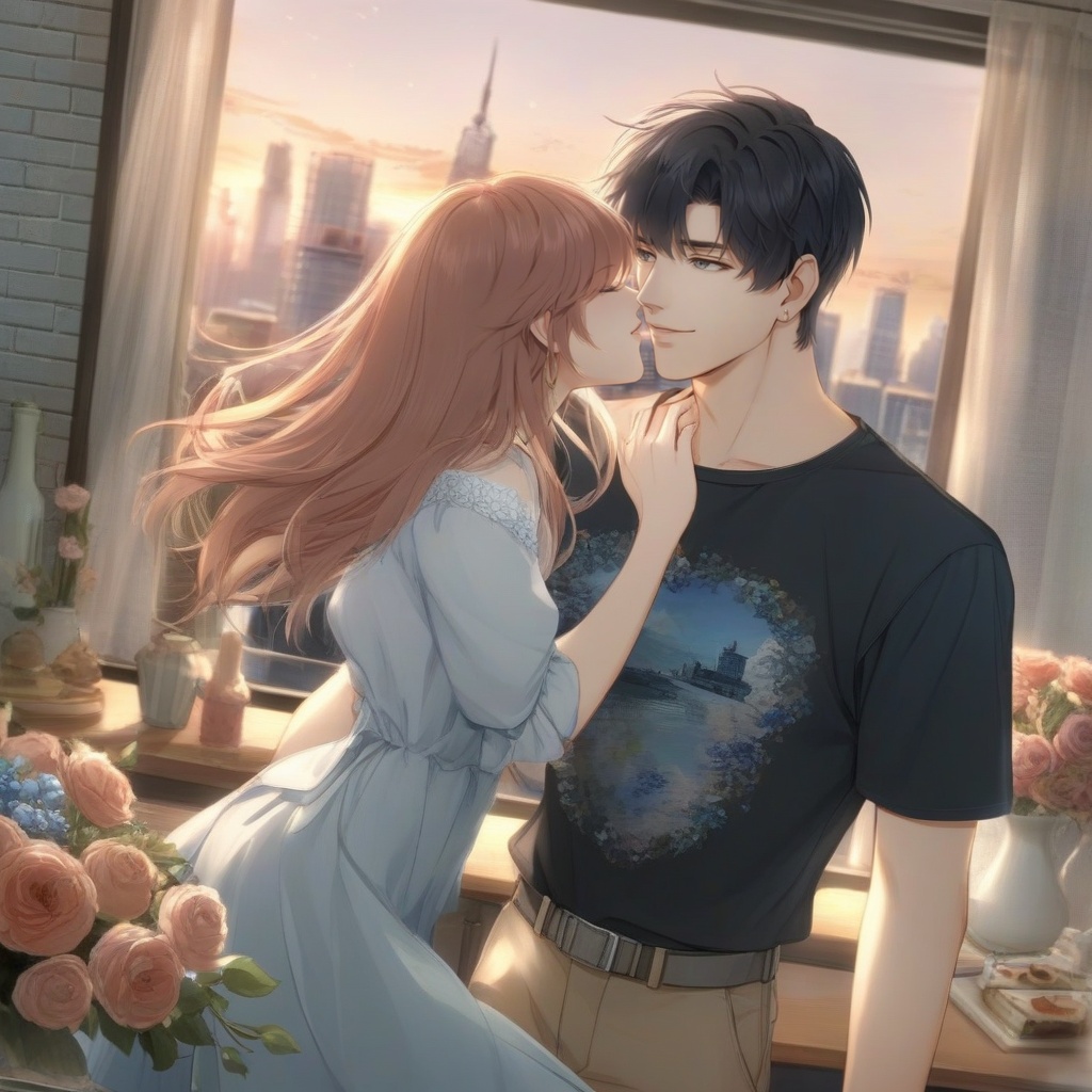 <lora:20241029-1730164497477:0.8>,The image shows a young couple in a romantic embrace. The man is on the right side of the image, wearing a black t-shirt with a blue logo on it. He has dark hair and is looking down at the woman with a slight smile on his face. The woman has long blonde hair that is styled in loose waves and is wearing a blue dress. They are standing in front of a window with a view of a city skyline in the background. The couple appears to be in a room with a brick wall and a table with a vase of flowers on it in the foreground.
