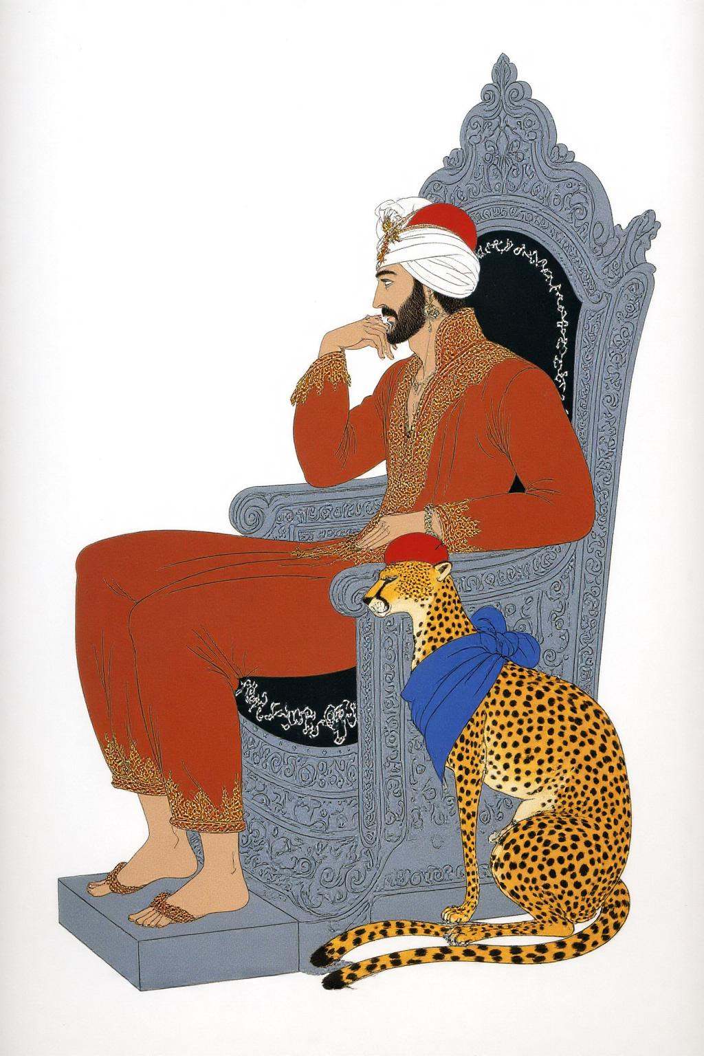 erte1 illustration. olgadugina1. A sultan,  shown in side profile,  is sitting on an intricately designed throne on Tensor...