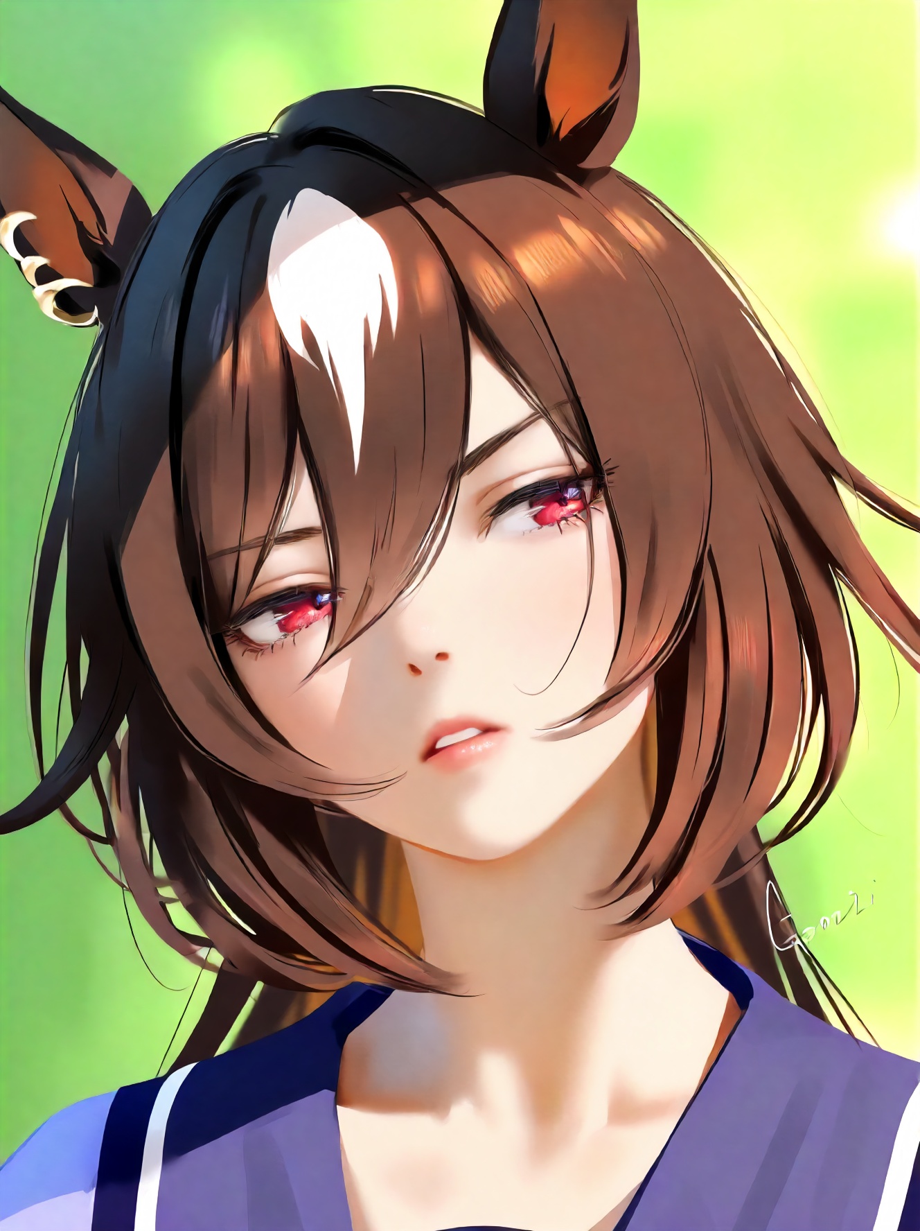 1girl, sirius symboli \(umamusume\), umamusume, (gomzi:1.1576), (wlop:0.8227), solo, depth of field, portrait, close-up, horse girl, looking to the side, signature, blurry, green background, red eyes, hair between eyes, tracen school uniform, ear chain, blurry background, swept bangs, white hair, animal ears, streaked hair, collarbone, summer uniform, sailor collar, horse ears, brown hair, school uniform, parted lips, simple background, multicolored hair, long hair, two-tone hair, eyes visible through hair, black sailor collar, masterpiece, best quality, explicit, nsfw, safe