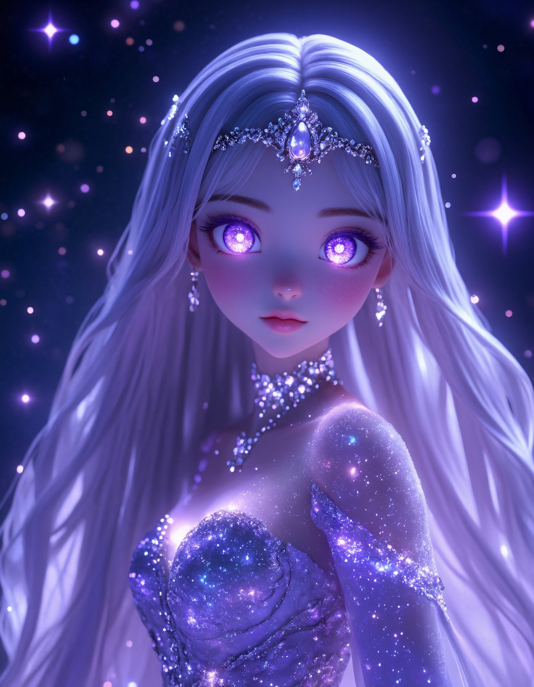 3D anime style,  an elegant celestial being with ethereal beauty,  glowing violet eyes filled with cosmic light on Tensor.Art