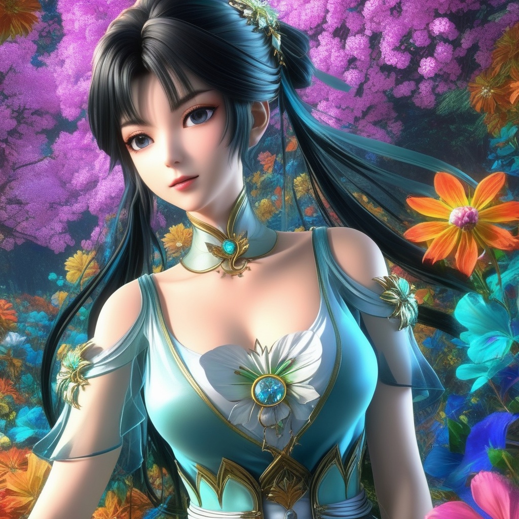 <lora:834-DA-XL-诛仙-碧瑶:0.8>, (,1girl, ,best quality, ),,,anime,(masterpiece, top quality, best quality, official art, beautiful and aesthetic:1.2), (1girl)	, , (cleavage),, extreme detailed,(fractal art:1.3),colorful, flowers ,highest detailed,()    (cleavage),,  (),