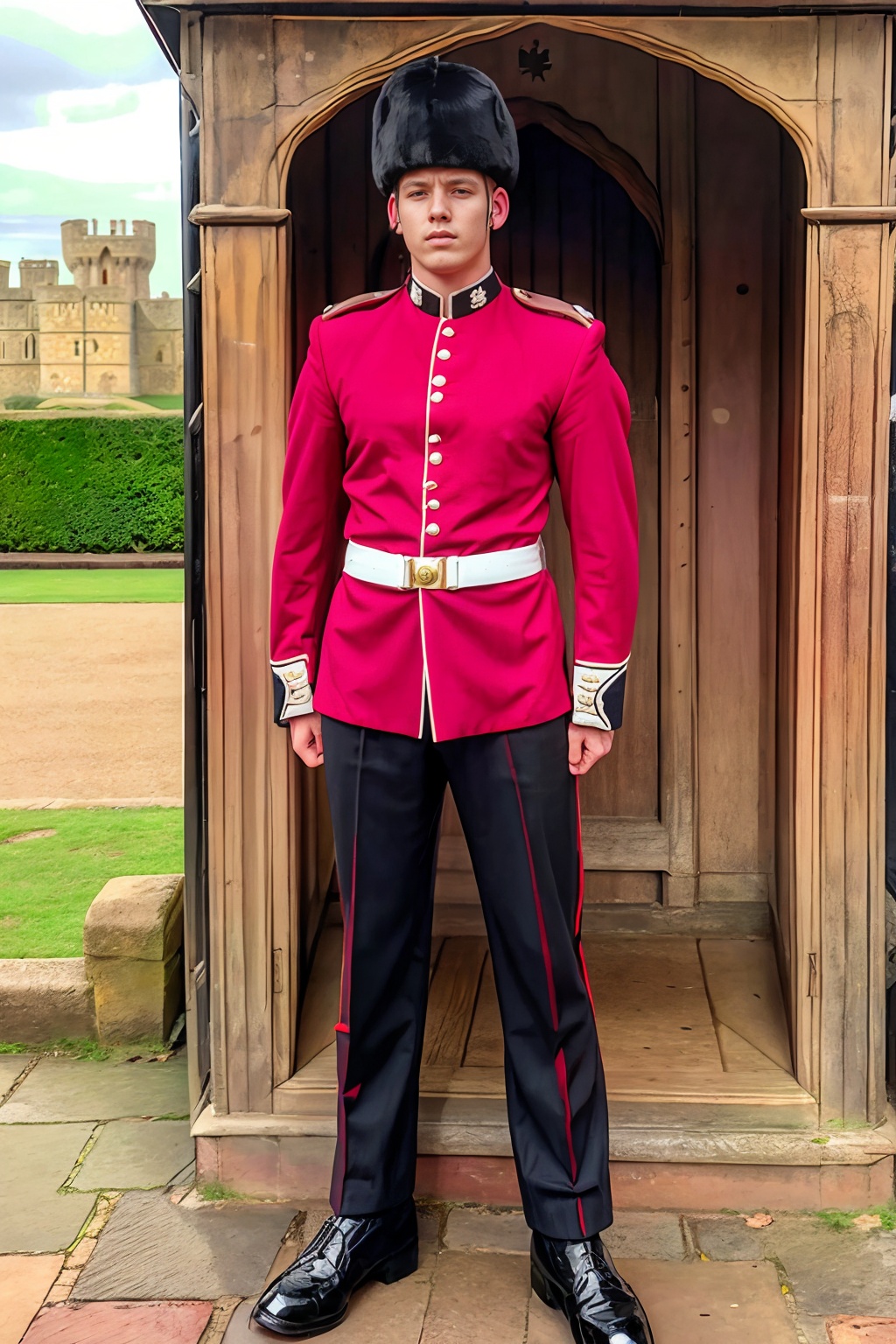 Windsor Castle in the background,  standing next to a guard house,  BrettStevens wearing (kg_uniform) on Tensor.Art