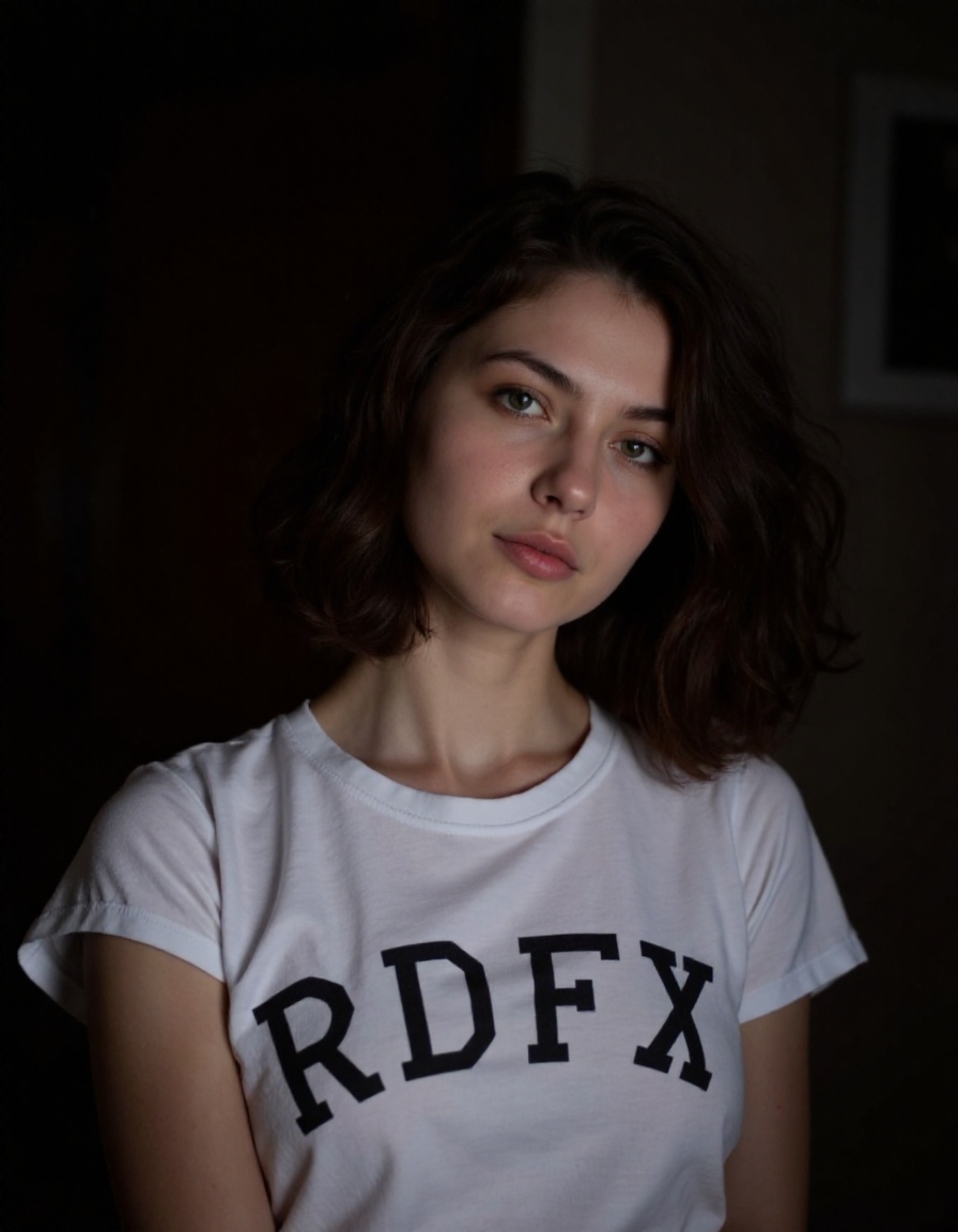 realistic beautiful instagram digital influencer woman 25 years old,  closed mouth not showing teeth ,  low light on Tenso...