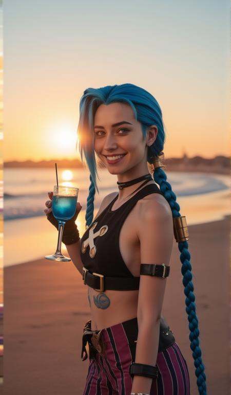 full body jinx with blue long braided hair,  black croptop and stripped pants,  is having a blue cocktail on the beach at...