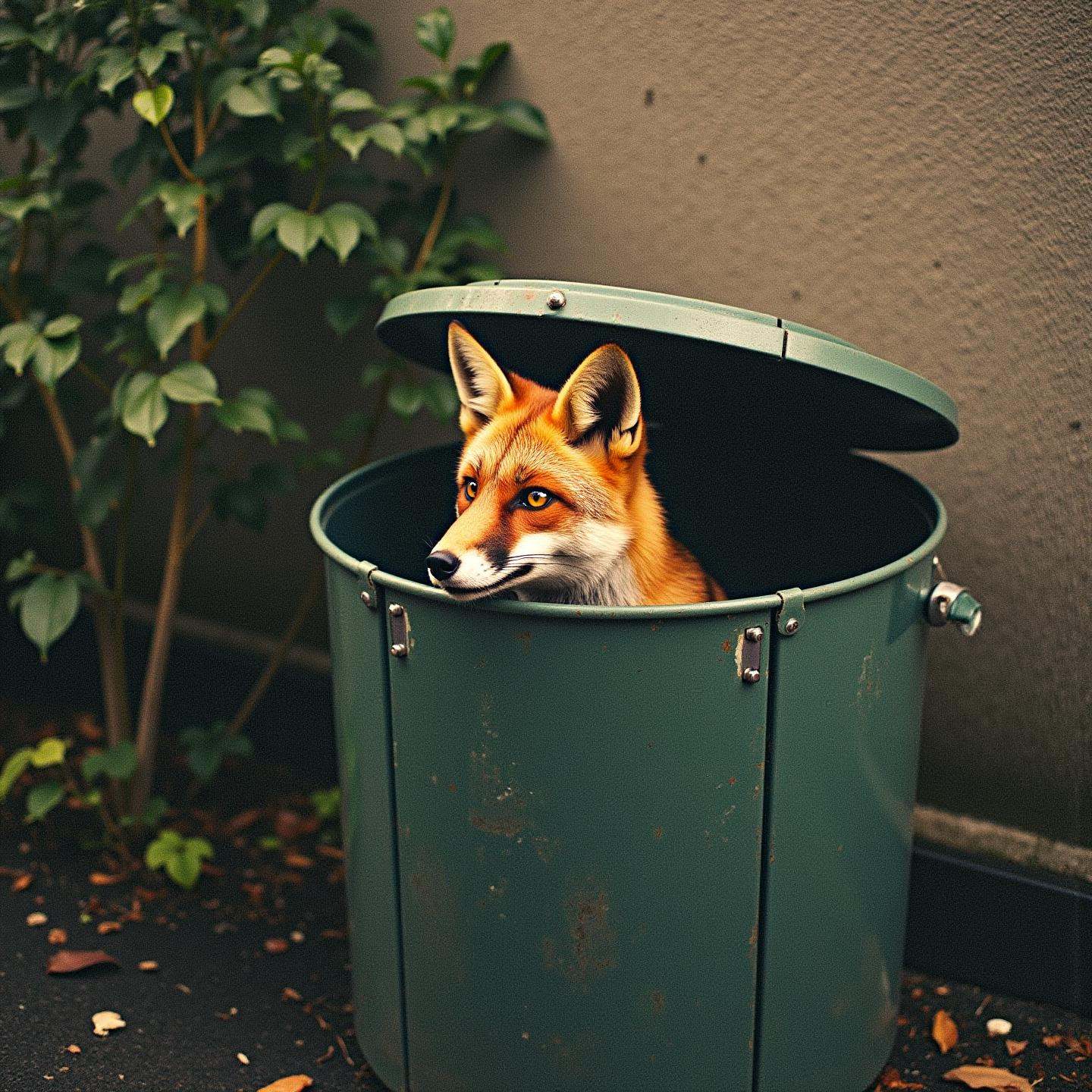 an expired film photograph of a fox in a trash can on Tensor.Art