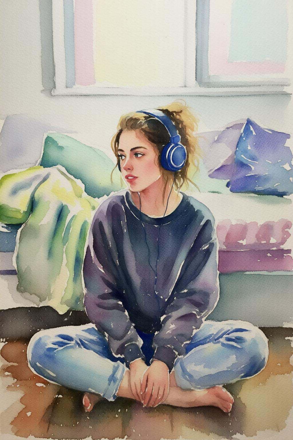 watercolorbasic2q watercolor painting.A young woman sitting cross-legged on the floor,  wearing a dark sweatshirt and ligh...