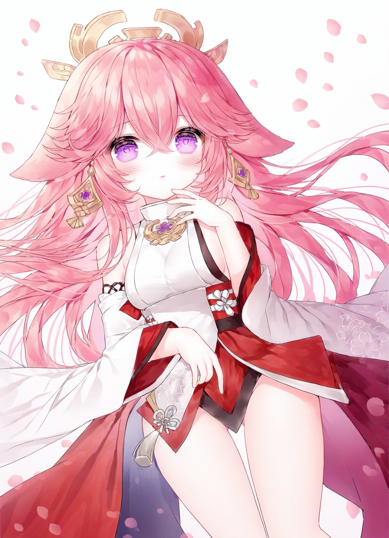 masterpiece, best_quality,high_quality, guo jiang mullay, 1girl, yae miko, solo, purple eyes, long hair, pink hair, hair between eyes, wide sleeves, breasts, detached sleeves, animal ears, white background, petals, very long hair, japanese clothes, blush, long sleeves, fox ears, white shirt, bare shoulders, looking at viewer, simple background, closed mouth, shirt, hair ornament, hand up, small breasts, white sleeves, earrings, parted lips, sideboob<lora:guo_jiang-R2-lokr-f4-000025:1>