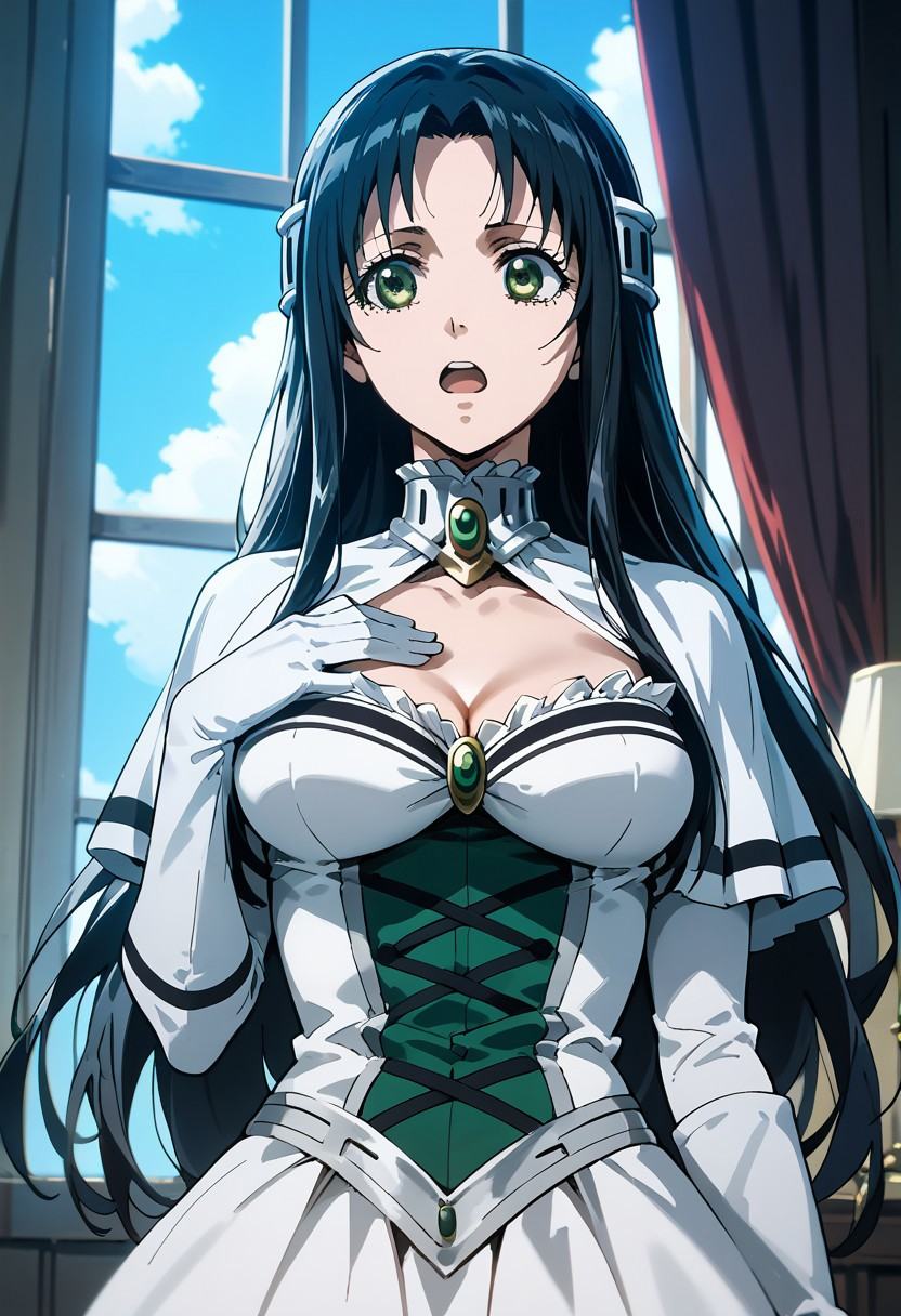 score_9,score_8_up,score_7_up,source_anime,Marguerite Farom,1girl,solo,breasts,open mouth,large breasts,gloves,dress,cleavage,medium breasts,elbow gloves,white gloves,white dress,cleavage cutout,hand on own chest,