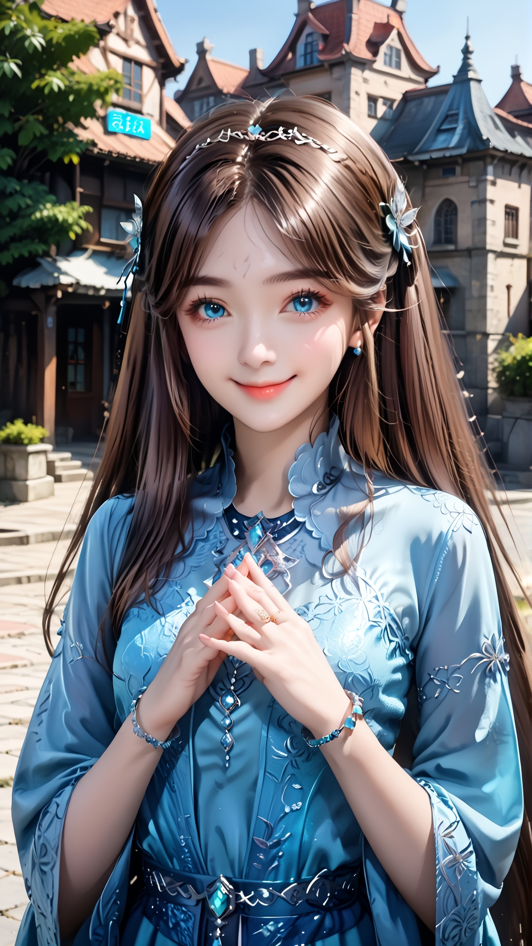1girl,hair ornament,blue eyes,brown hair,dress,long hair,solo,smile,upper body,looking at viewer,own hands together,blue dress,bracelet,closed mouth,jewelry,sky,building,blue sky,<lora:pony宁荣荣:0.8>,