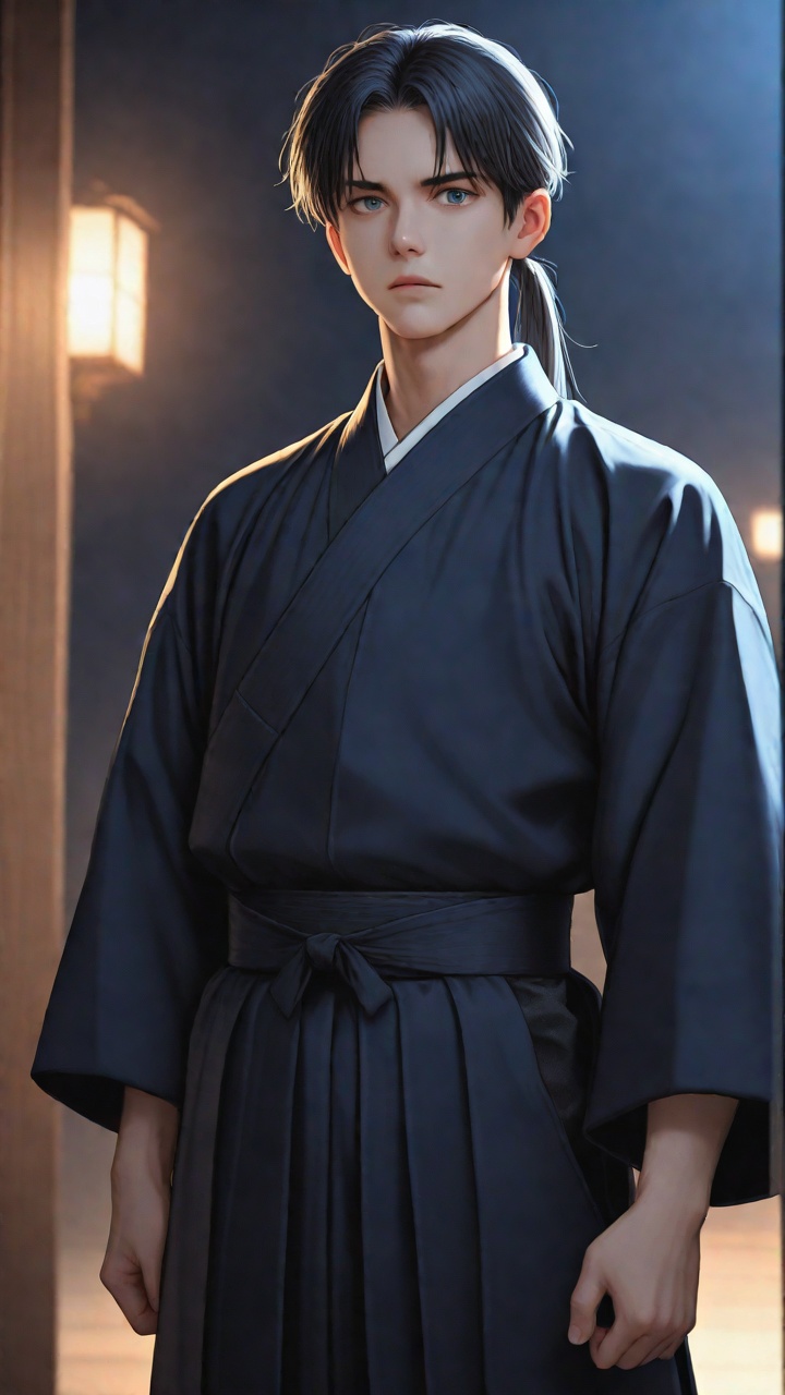 A young student in traditional kendo attire,  standing with a determined expression. The lighting highlights the sharpness...