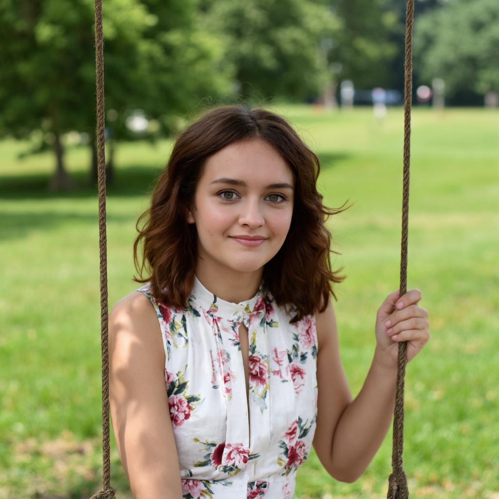 A portrait of olivia_cooke seated on a swing in a park. She has long,  wavy brown hair and wears a floral-patterned dress...