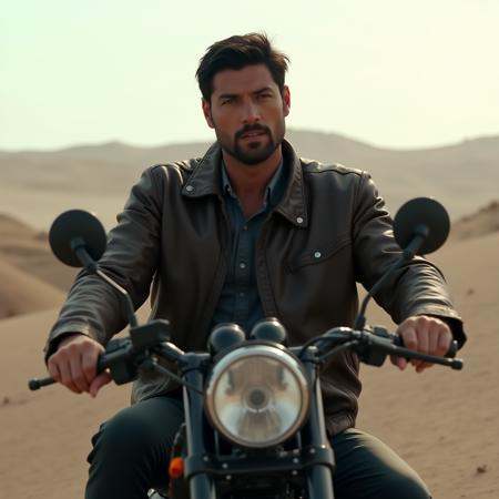 cinematic film still of perfection styleA perfect photo of a man sitting on a motorcycle in the desert,  solo,  black hair...
