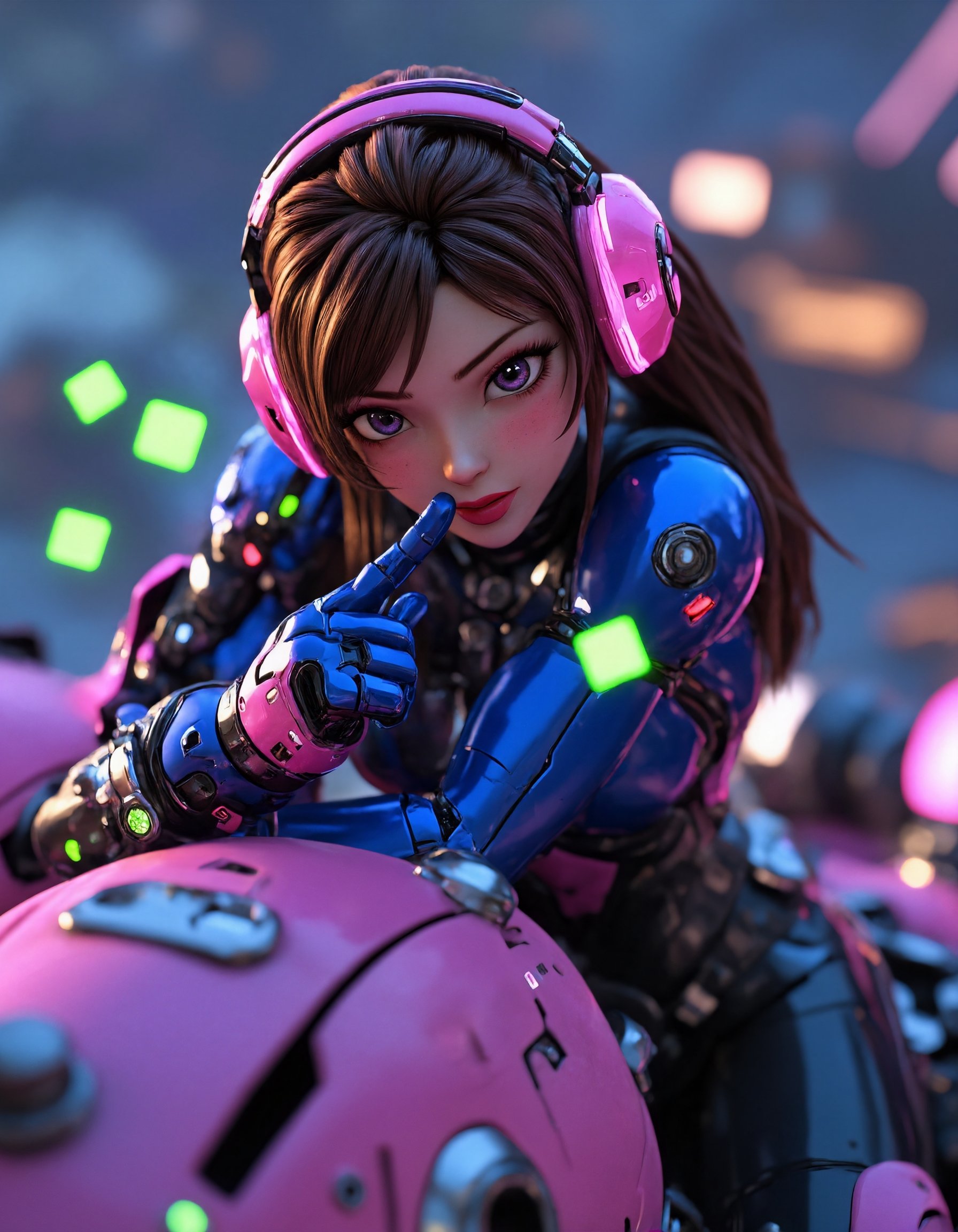 A photorealistic 3D Anime rendering of D.Va from Overwatch in a dynamic and playful pose. She is leaning forward on her pi...