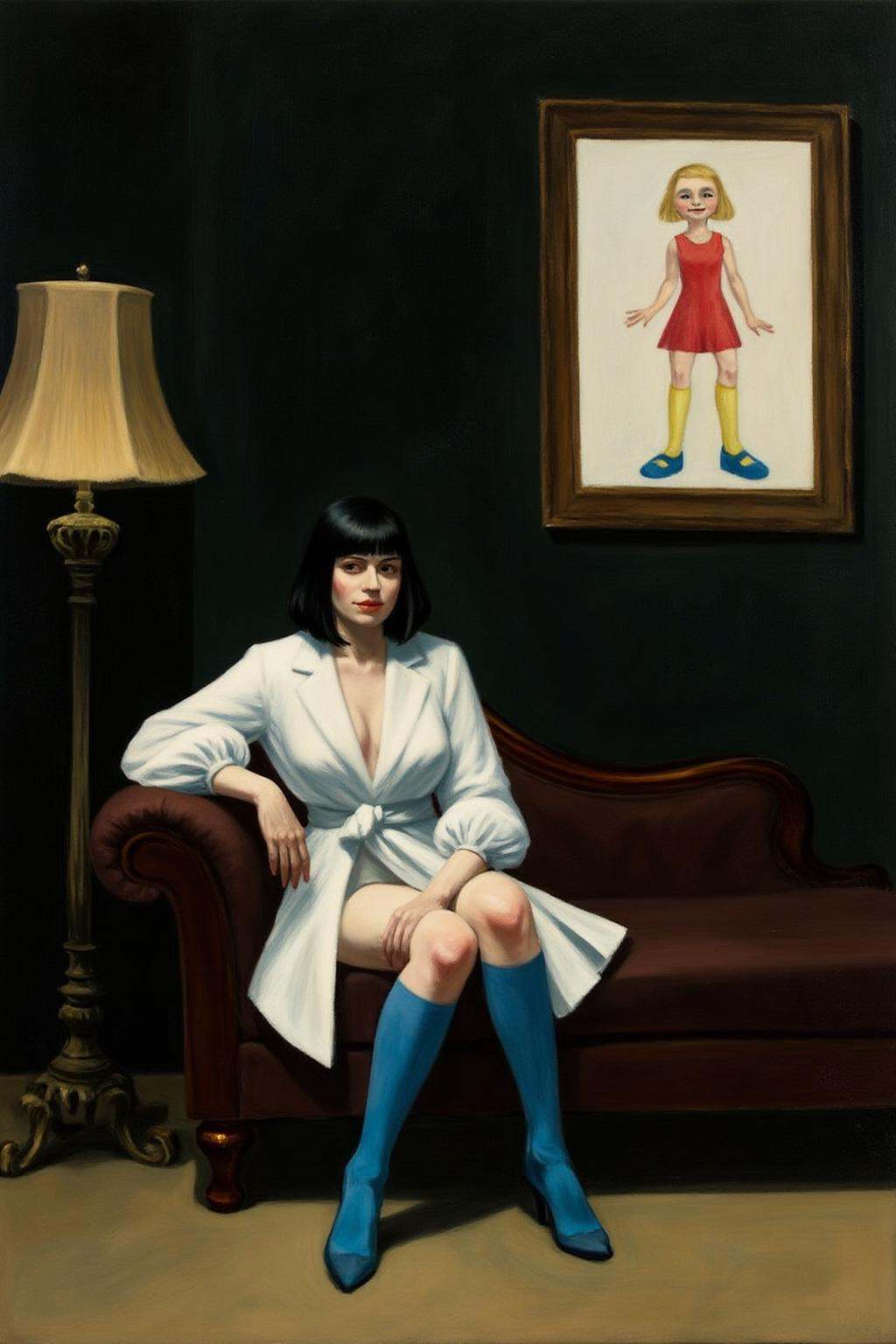 edwardhopper1 painting. A woman seated on an antique,  dark wooden chaise longue. The woman has black,  straight hair styl...