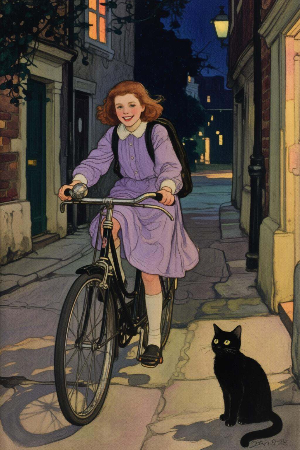 elizabethshippengreen2q illustration.A school girl riding a old style bicycle through a narrow,  quiet street at night. Th...
