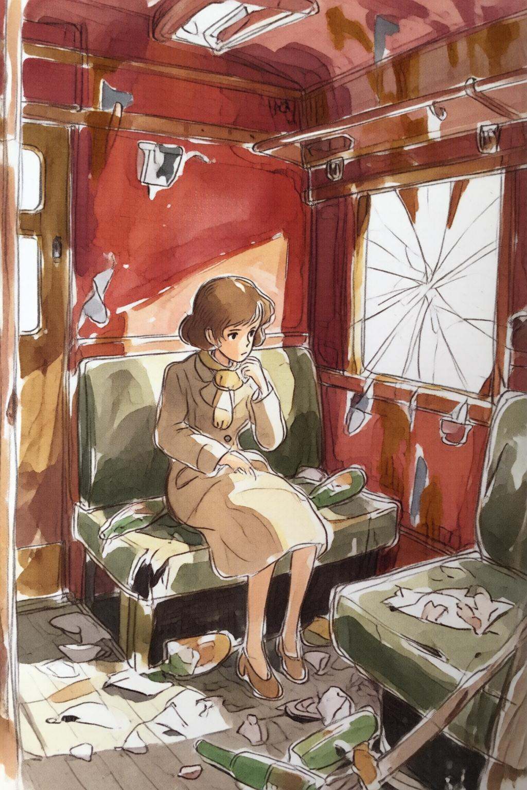 hayaomiyazaki3q illustration.hayaomiyazaki2 illustration.a girl sitting in a dilapidated train car. The train's red interi...