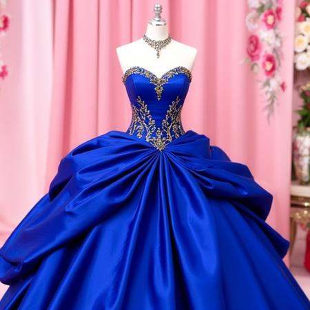 A strapless ballgown in a deep sapphire-blue hue displayed on a mannequin in front of floral draperies. The neckline curve...