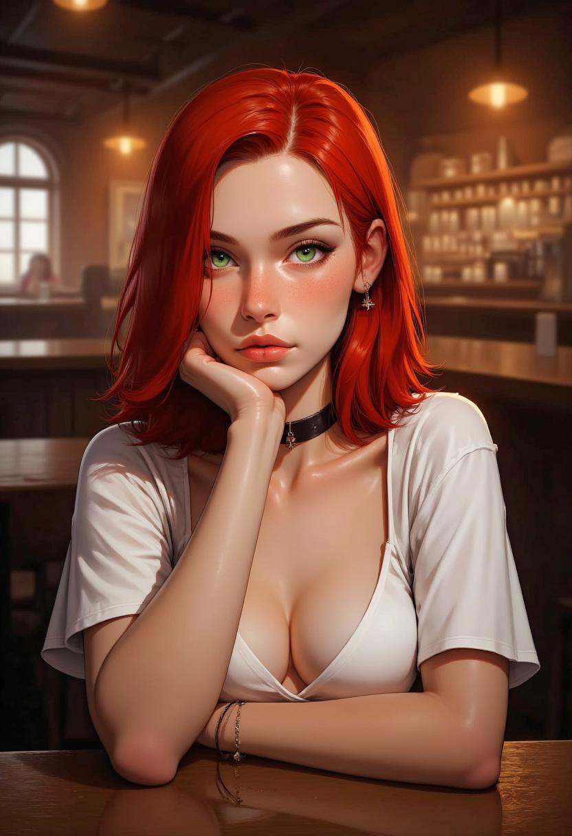 This is a highly detailed digital painting depicting a young woman seated at a wooden table in a cozy,  dimly lit pub. The...