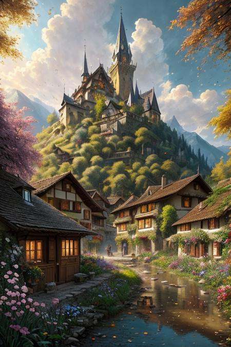 sharp details,  a medieval village in switzerland,  mess jungle in background on Tensor.Art