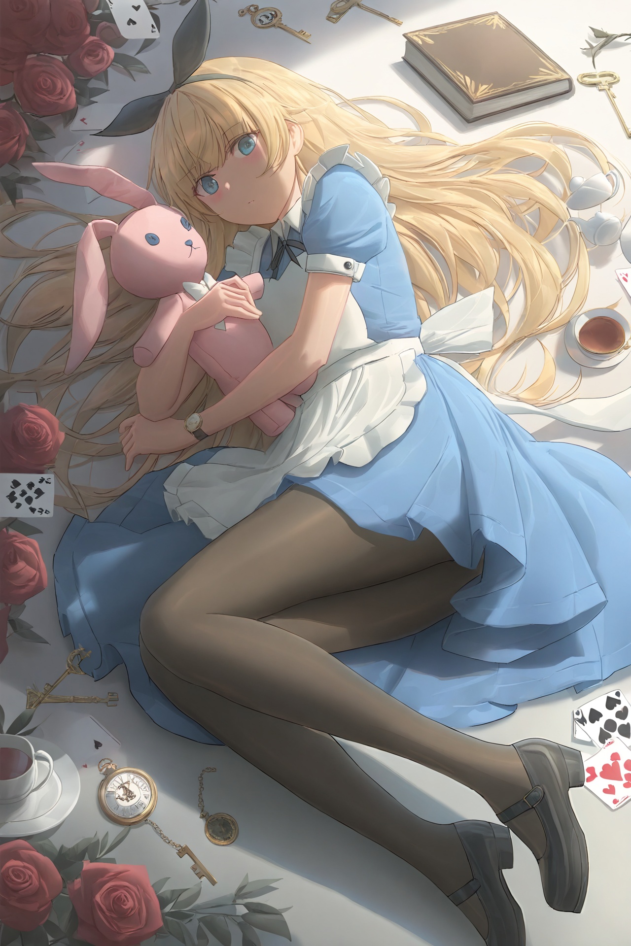 masterpiece,best quality,Artist free style (yohan1754),1girl,stuffed toy,solo,stuffed animal,blonde hair,long hair,blue eyes,watch,stuffed rabbit,key,card,alice (alice in wonderland),pocket watch,cup,lying,flower,pantyhose,dress,playing card,looking at viewer,rose,apron,teacup,blue dress,mary janes,book,shoes,black footwear,on side,food,red flower,short sleeves,