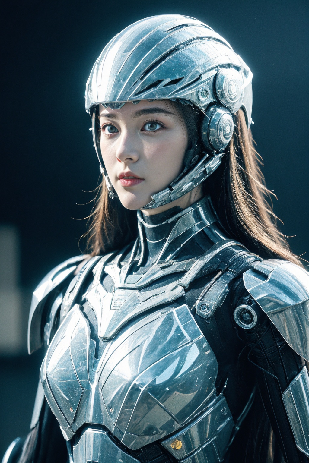 (extremely detailed:1.4),(realistic:1.4),1girl,(long hair:1.4),solo, transparent helmet, science fiction, armor, upper body, blue cyborg, blue power armor,