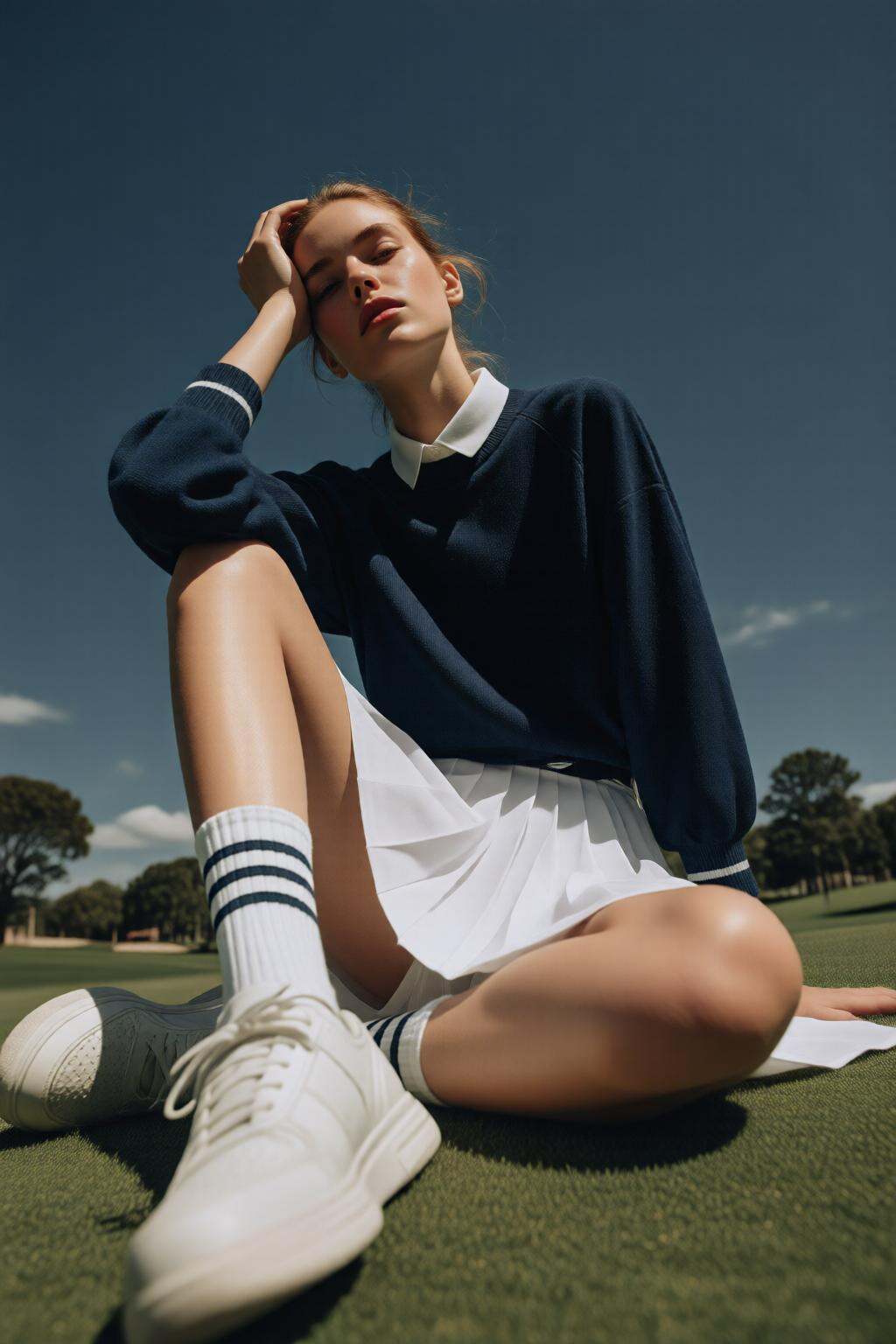 midjourneylowangle11q Low angle shot. A woman is sitting on a grassy golf course,  wearing a blue sweatshirt,  a white ple...