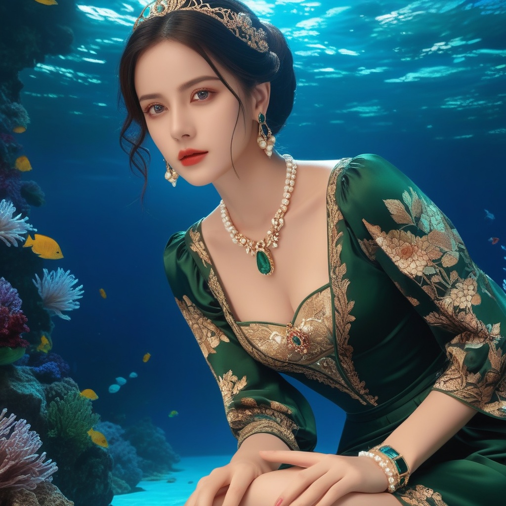 (,1girl, ,best quality, ),,masterpiece, ((((, solo,  , ,solo focus, ,underwater, )))) ,ultra realistic 8k cg,   clean, masterpiece,     cinematic lighting, cinematic bloom,  (( , )),, , unreal, science fiction, luxury, jewelry, diamond, gold, pearl, gem, sapphire, ruby, emerald, intricate detail, delicate pattern, charming, alluring, seductive, erotic，(sit), , enchanting, hair ornament, necklace, earrings, bracelet, armlet,,(cleavage),, <lora:823-DA-XL-国模-恶女-VIVI:0.8>,
