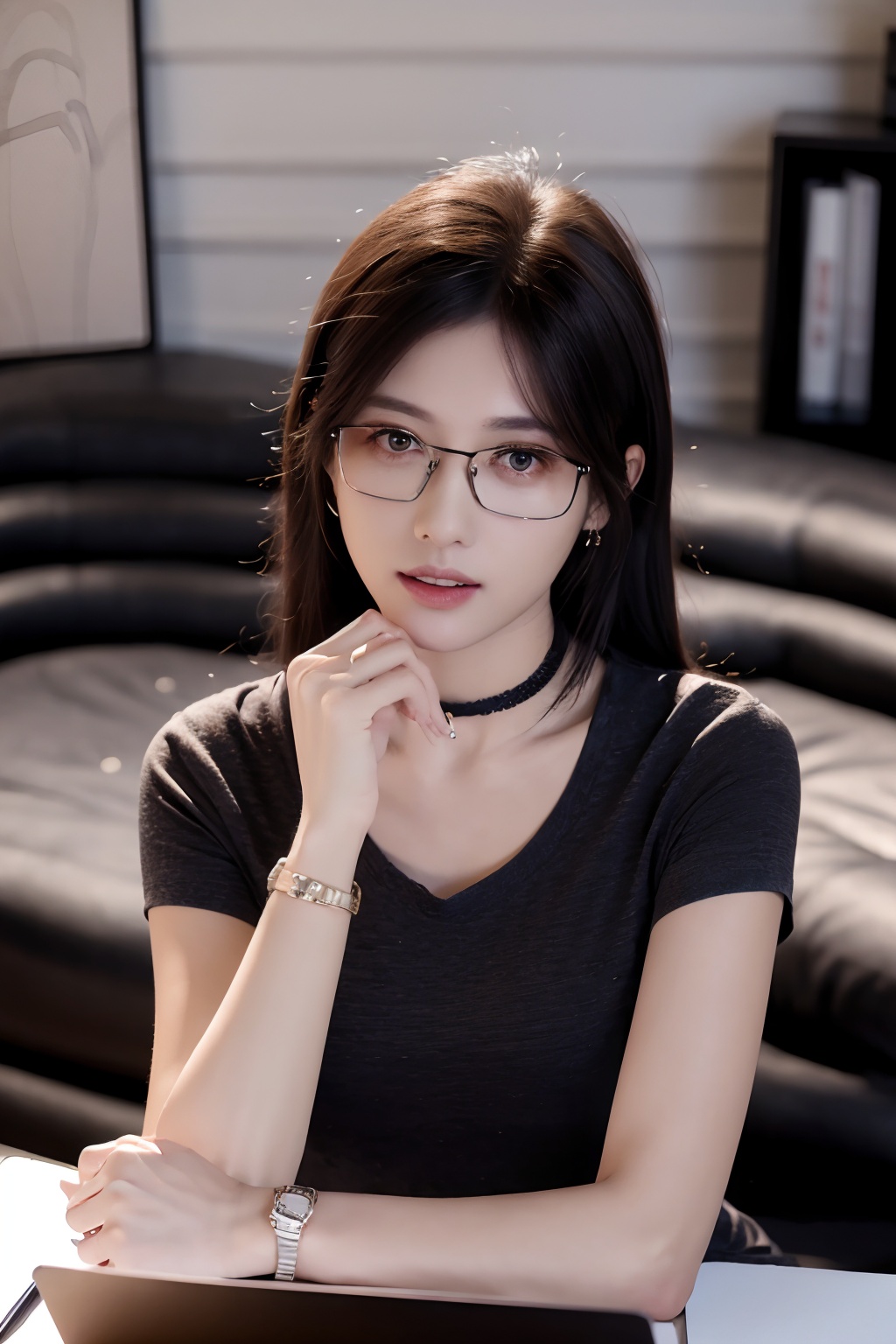 incredibly absurdres,huge filesize,ultra-high definition,extreme detail,8k,realistic,(masterpiece:1.3),(best quality:1.3),(photorealistic:1.4),realistic,4k,detail face,,1, 1girl, solo, glasses, sitting, jewelry, choker, earrings, computer, bracelet, laptop, black hair, shirt, couch, tablet pc, indoors, holding, brown hair, black shirt, realistic, short sleeves, parted lips, brown eyes<lora:_20241117142255-000006:0.8>