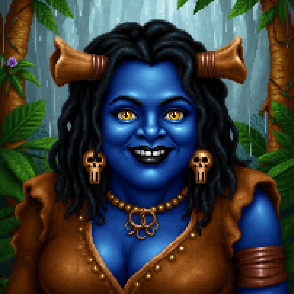 Original HoMMM2 style portrait of a smiling chubby tribal Mesoamerican female ogre witch with blue skin. She has black lip...