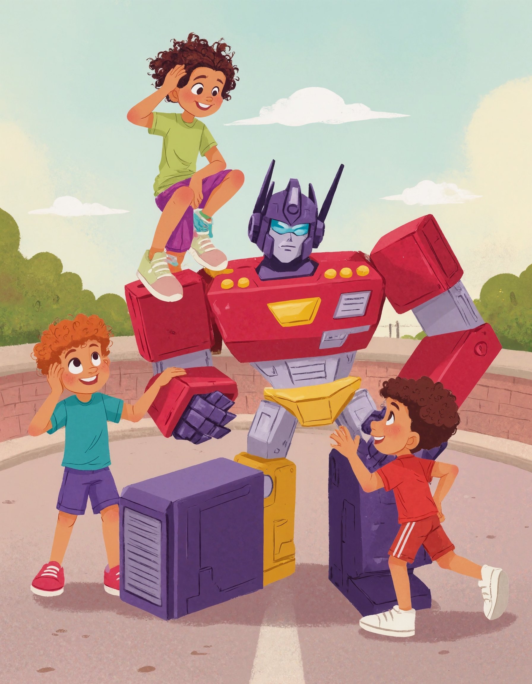 This is a high-quality,  digital illustration featuring a vibrant,  cartoon-style scene of a child interacting with a frie...