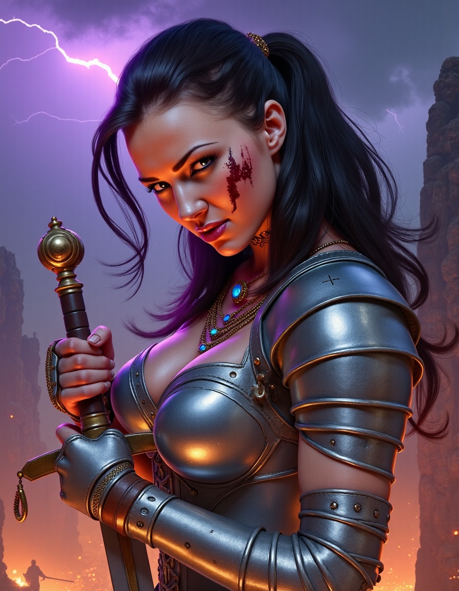 A hyperrealistic yet fantastical mid-range portrait of a fierce female warrior standing atop a jagged,  wind-swept cliff,...