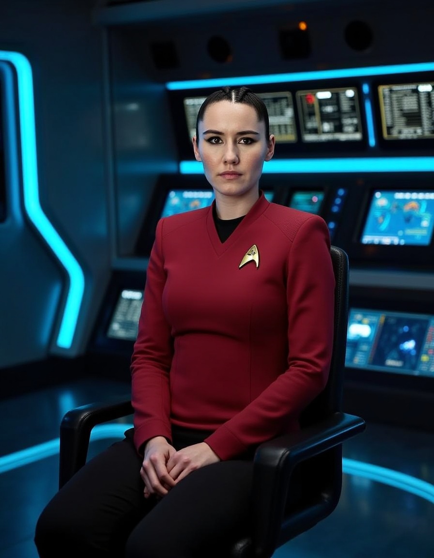 In a futuristic starship bridge setting,  a woman in a red command star trek uniform sits confidently on a sleek,  modern...