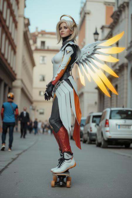 Mercy,  a woman with a halo and wings,  she is skateboarding in a street on Tensor.Art
