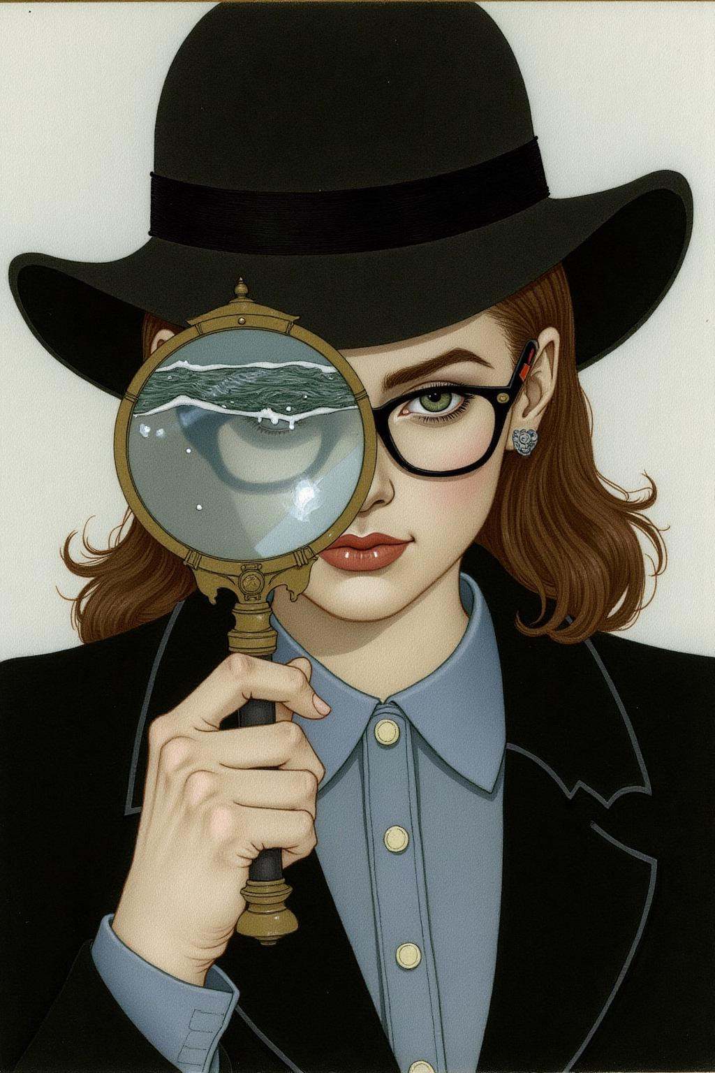olgadugina1 illustration. Portrait of a female detective scowling into a magnifying glass. The glass is crystal clear,  sh...