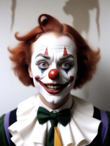 barnum-melancholy,  photo cinematic of surprised joker clown mask ,  which is a person who studies entropy; a scientist ki...