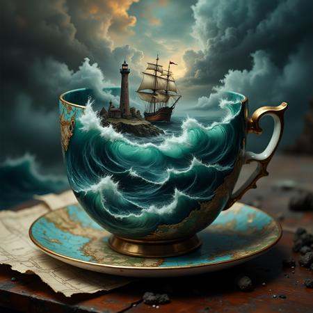 Hyperdetailed art of Close-up teacup containing a stormy ocean scene,  pirate ship battling towering waves,  lighthouse on...