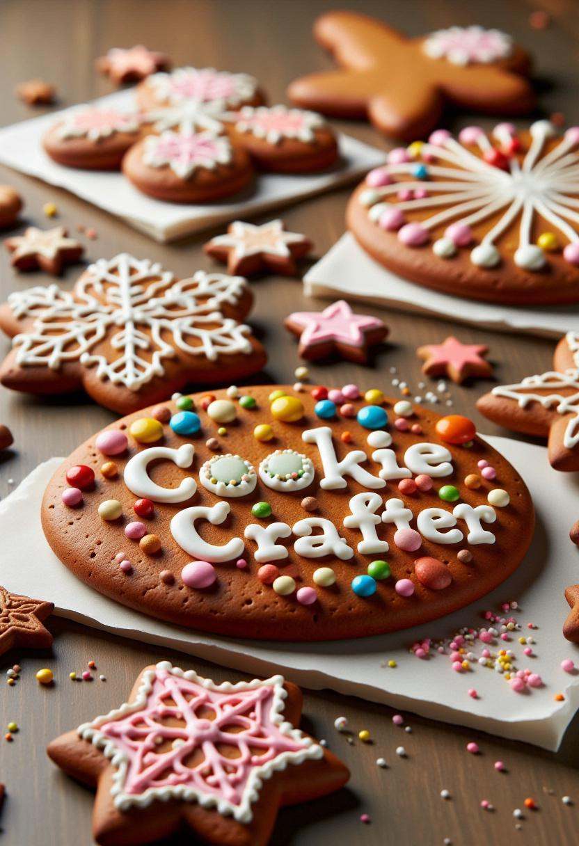 This is a photograph of a intricately decorated gingerbread text "ginger bread cookie crafter",  placed flat on a table. o...