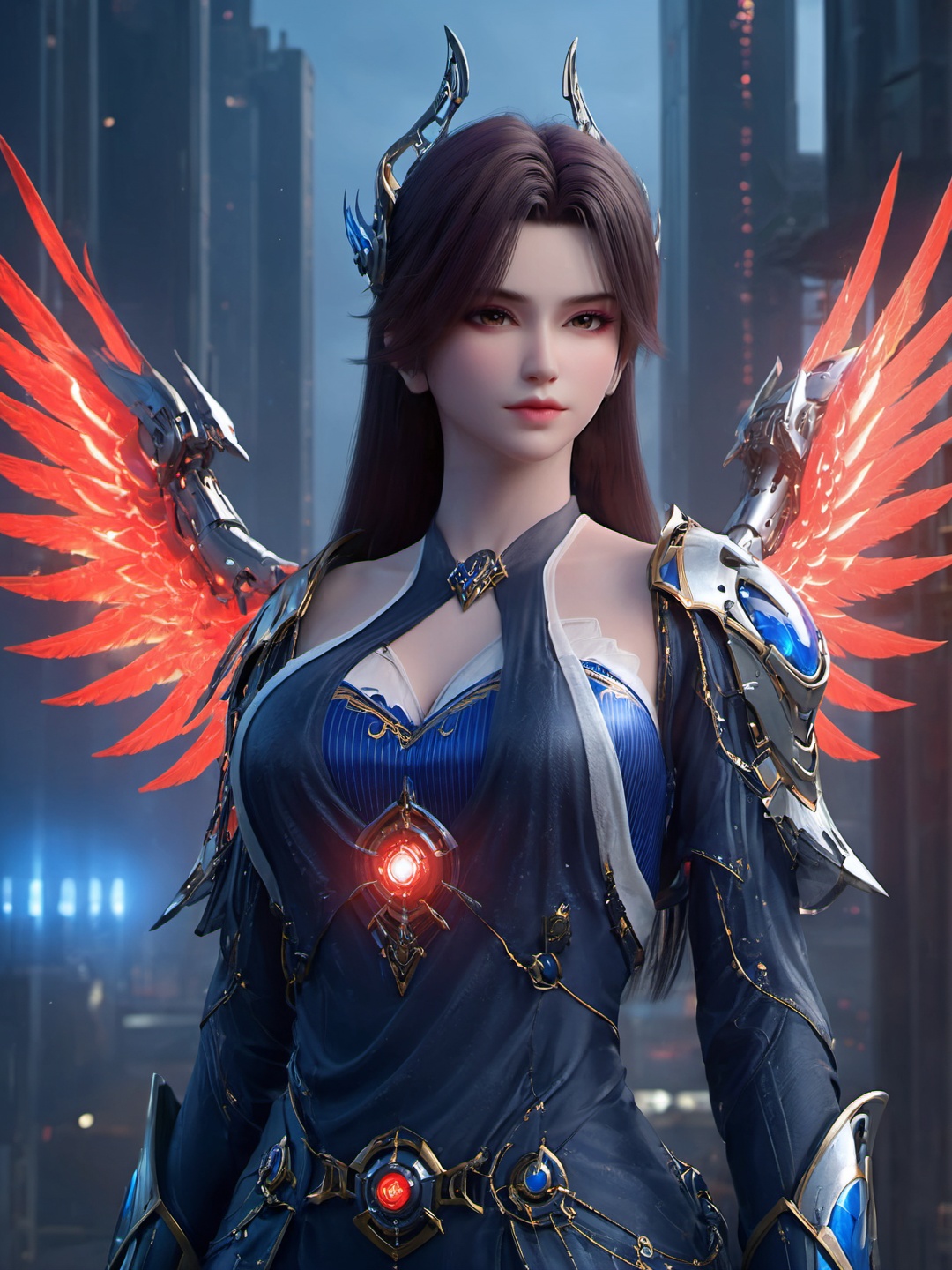ethereal fantasy concept art of  1girl,solo,long hair,c earrings,c hair ornament,closed mouth,light frown,makeup,eyeshadow,((gigantic breasts)),((mecha_musume)),machinery,mechanical arms,((glowing heavy mechanical machine armor)),standing,(looking at viewer),outdoors,cyberpunk cityscape,dim lighting,red blue glowing laser,(machine phoenix wings),cool screen effects,fashion photography,unique perspective,dynamic fuzzy,dynamic pose,cowboy shot,depth of field,Highly detailed,(ultra-detailed),(best quality:1.5,masterpiece:1.5),<lora:caoying:0.7>, . magnificent, celestial, ethereal, painterly, epic, majestic, magical, fantasy art, cover art, dreamy