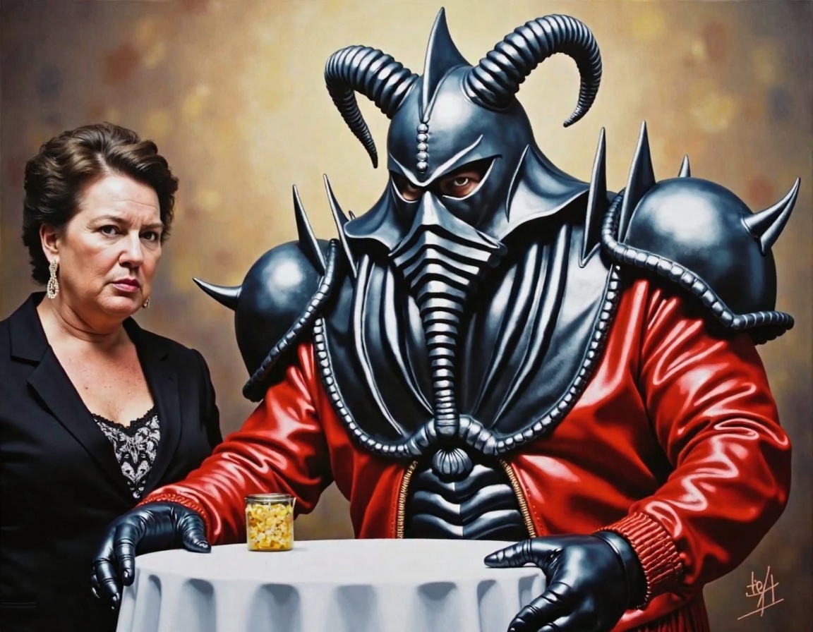 heroic fantasy painting of B1gV4nV4d3r Big Van Vader man in an iron demon helmet and a red satin bomber jacket,  stealing...
