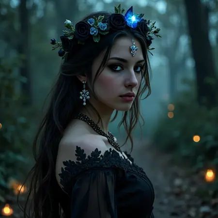 hellymodel,  "Create an enchanting image of a timeless woman exuding elegance and mystery in a black silk gown,  radiant w...