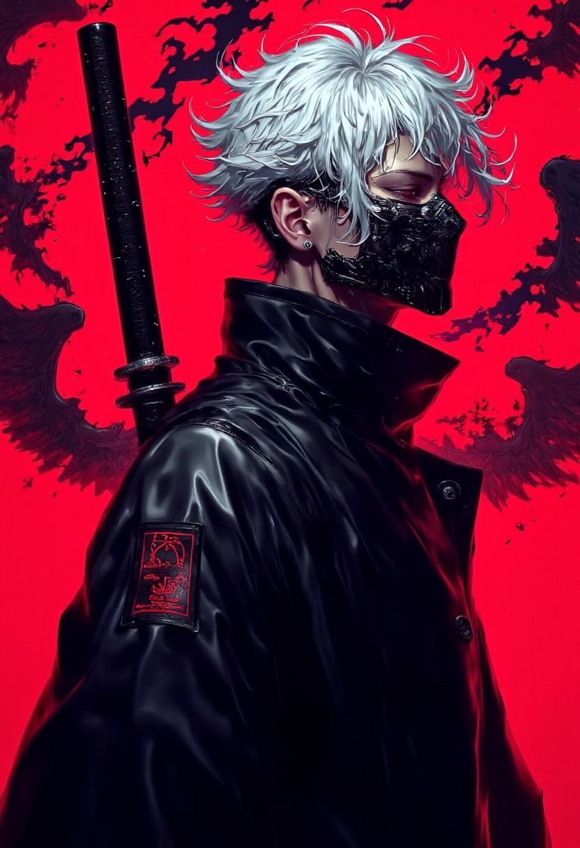 black trench coat with a high collar,  against a vivid,  This is a highly detailed on Tensor.Art