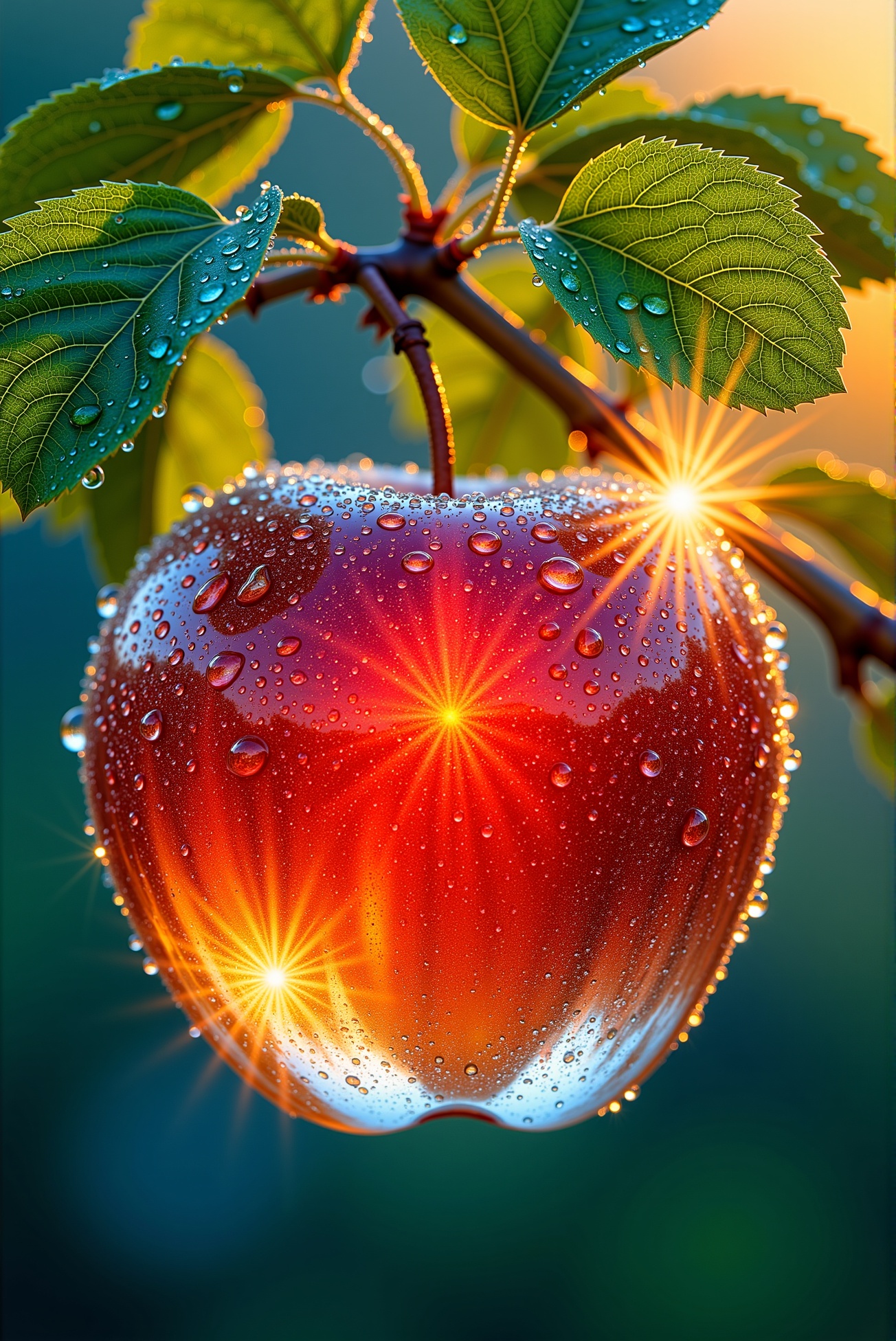 ShinyDroplets style. A hyper-realistic glass apple suspended from a slender branch,  its surface encrusted with crystallin...