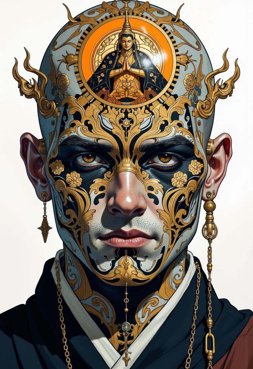 A digital illustration featuring an elaborate portrait of a monk,  desire to achieve enlightenment,  cyberpunk on Tensor.Art