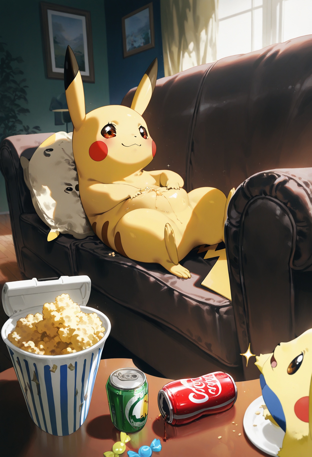 masterpiece,best quality,amazing quality,very aesthetic,absurdres,newest,impactful picture,offcial art,movie perspective,yoneyama mai,(aos:0.5),(fajyobore:0.5),(chiaroscuro:0.5),cute painting style,dark,latest, In a hyper-realistic living room, a chubby Pikachu lounges lazily on a well-worn leather sofa, exuding an air of comfort and relaxation. The room is softly illuminated by the warm glow of a vintage floor lamp, casting gentle shadows that enhance the details of the space. Pikachu's belly is noticeably round, spilling slightly over its waistband, giving it an endearing, relatable quality. Its fur is depicted with incredible detail; each individual hair is visible, showcasing a rich palette of deep yellows and soft browns, with the occasional hint of gray around its ears and cheeksâ€”signs of its middle age. Pikachu's eyes sparkle with satisfaction as it holds a chilled can of Coca-Cola, condensation glistening on the surface, emphasizing the refreshing beverage's coldness. The coffee table is cluttered with snacks: a mix of colorful candies, chips, and an open bag of popcorn, scattered across the surface and Pikachu's belly, creating a casual, lived-in vibe. The television in the background is playing a classic scene from "PokÃ©mon," with familiar characters and vibrant animations flashing across the screen, captivating Pikachu's attention. It occasionally glances at the screen with a happy smile, fully immersed in the enjoyment. The walls are adorned with framed photos capturing Pikachu's adventures with friends, and a few plush toys sit on a nearby shelf, reflecting its interests and hobbies. A window reveals the soft glow of twilight outside, with the last rays of sunlight filtering in, adding a warm hue to the entire room, as if time has paused in this cozy moment. This scene captures Pikachu in a charming and relatable moment, portraying a delightful and realistic side of the beloved character, making it feel like a friend you'd want to share snacks and stories with.